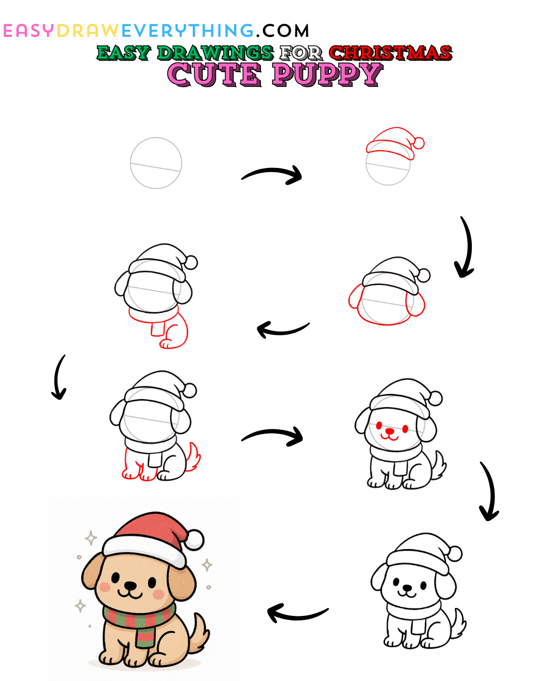 Learn easy to draw cute christmas puppy drawing step by step