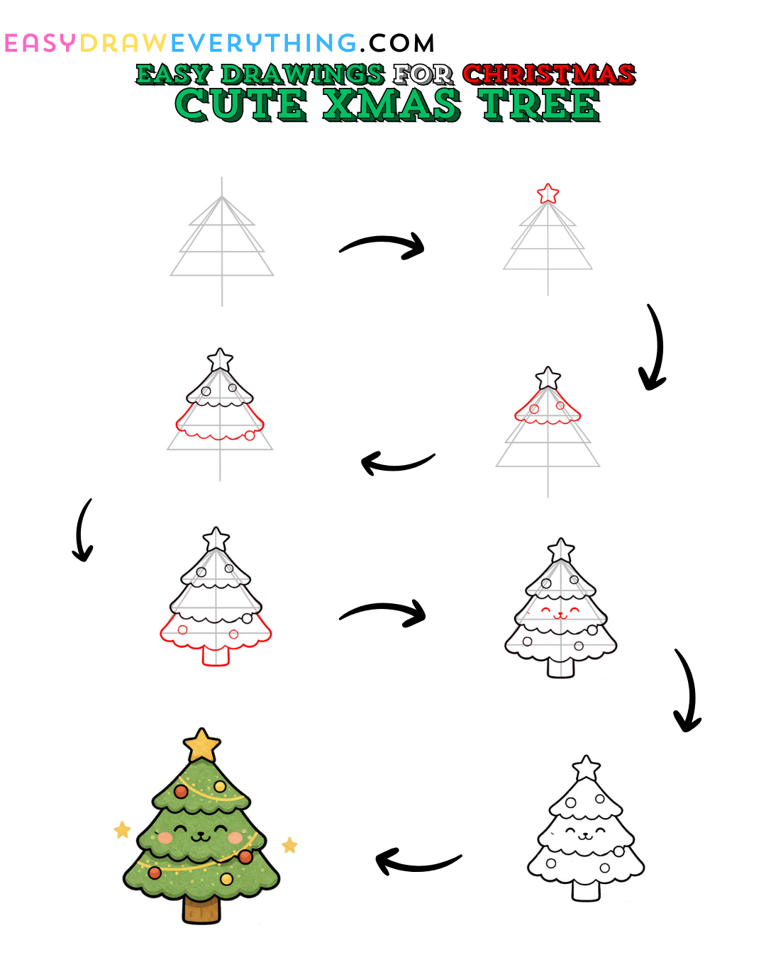 Learn easy to draw cute xmas tree drawing step by step