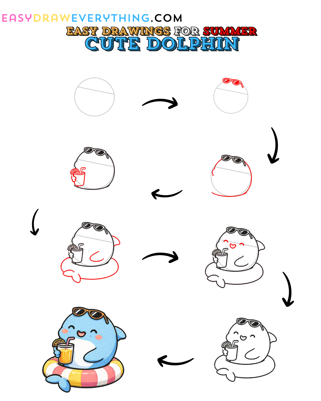 Learn easy to draw cute summer dolphin for beginners step by step