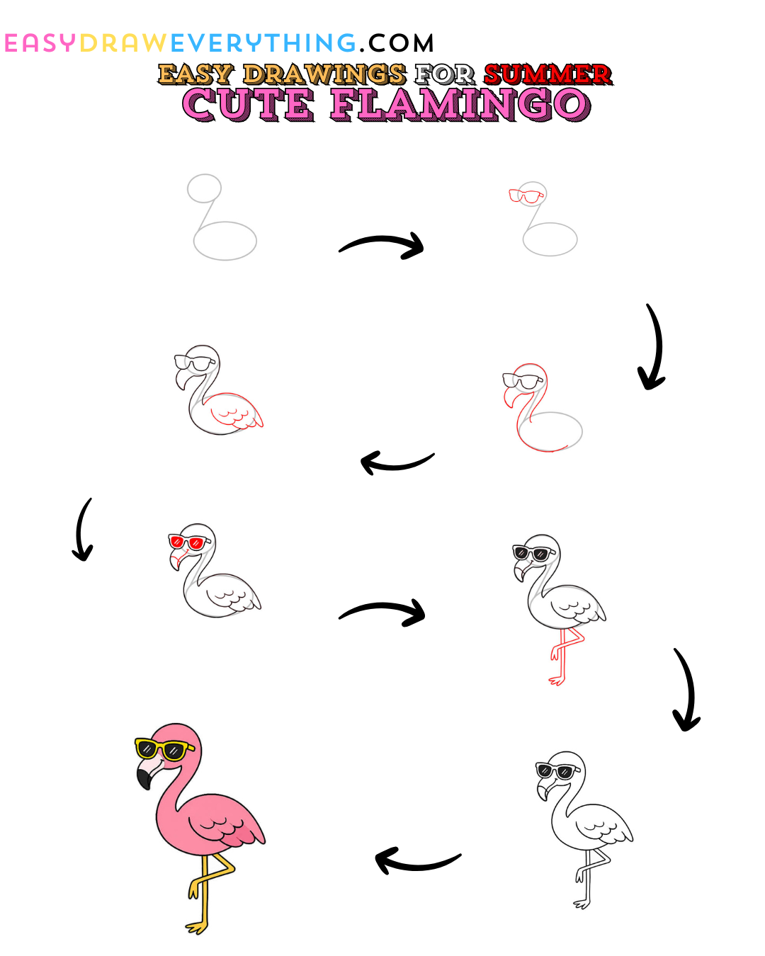 Learn easy to draw cute flamingo drawing for summer step by step